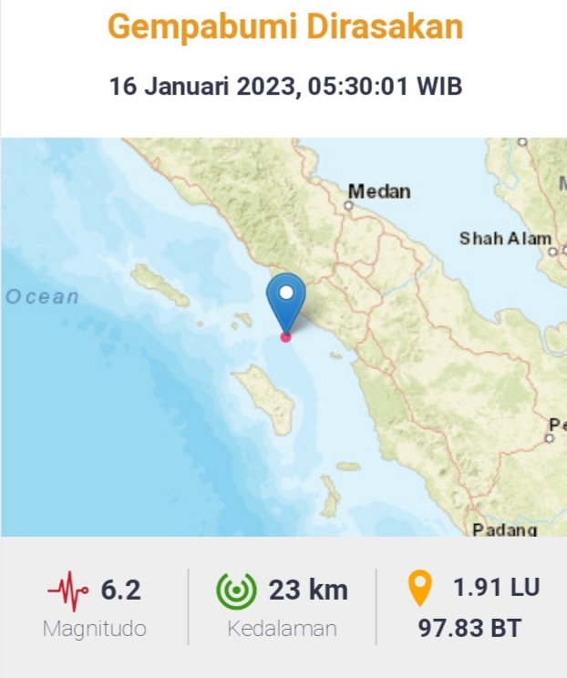 Aceh Diguncang Gempa 6,2 Magnitudo, Tidak Berpotensi Tsunami