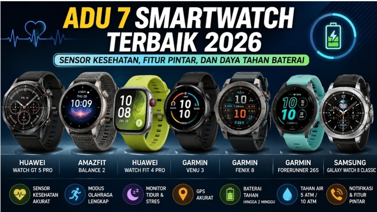 Adu 7 Smartwatch Terbaik 2026: Sensor Kesehatan, Fitur Pintar, dan Daya Tahan Baterai