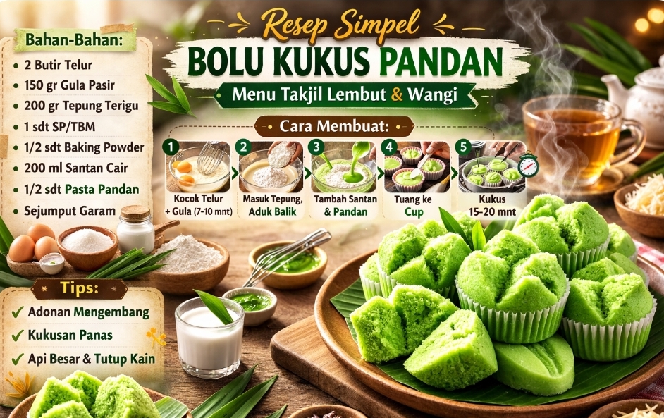 Resep Simpel Bolu Kukus Pandan, Menu Takjil Lembut dan Wangi yang Bikin Nagih