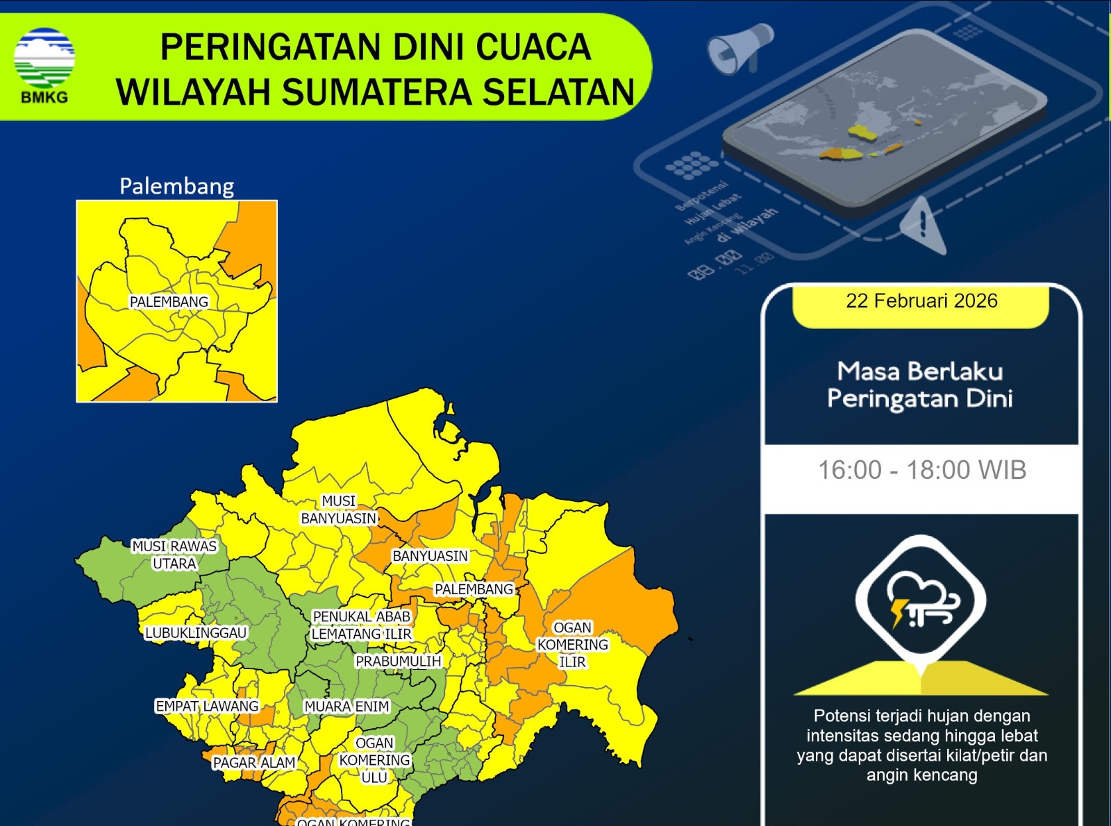 Malam Ini Banyuasin Berpotensi Hujan Lebat, Warga Diminta Waspada