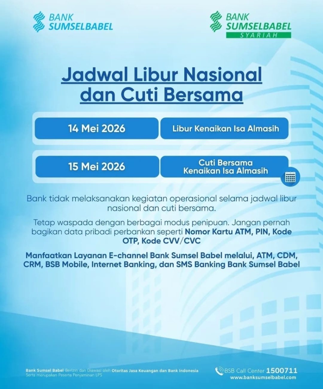 Libur Panjang, Bank Sumsel Babel Imbau Nasabah Manfaatkan Mobile Banking