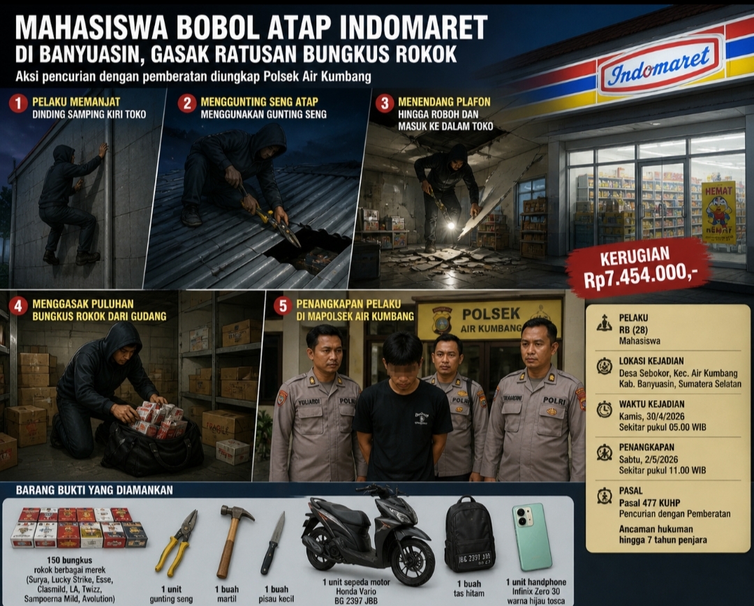 Mahasiswa Bobol Atap Indomaret di Banyuasin, Gasak Ratusan Bungkus Rokok
