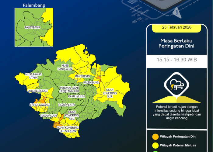 Sumsel Berawan Seharian, BMKG Peringatkan Potensi Hujan Disertai Petir dan Angin Kencang