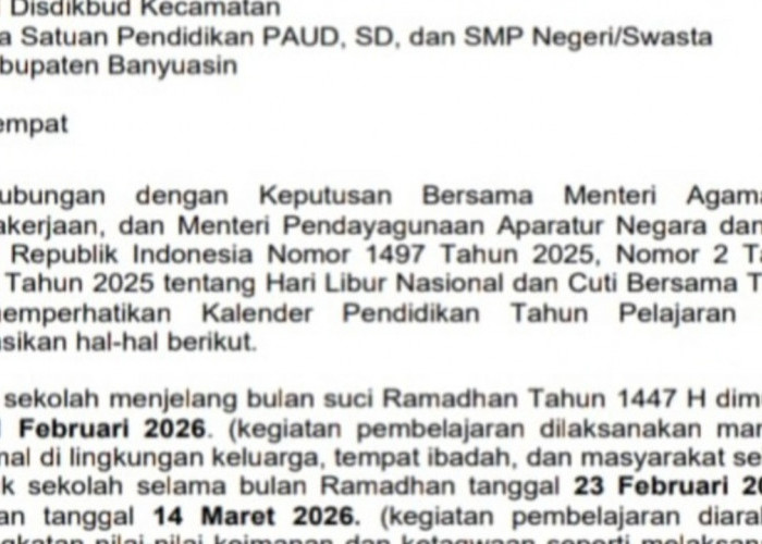 Catat! Ini Jadwal Libur Sekolah dan Kegiatan Belajar Selama Ramadhan 2026 di Banyuasin