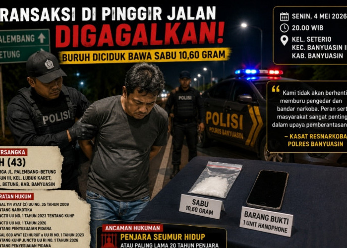 Transaksi di Pinggir Jalan Digagalkan! Buruh di Banyuasin Diciduk Bawa Sabu 10,60 Gram