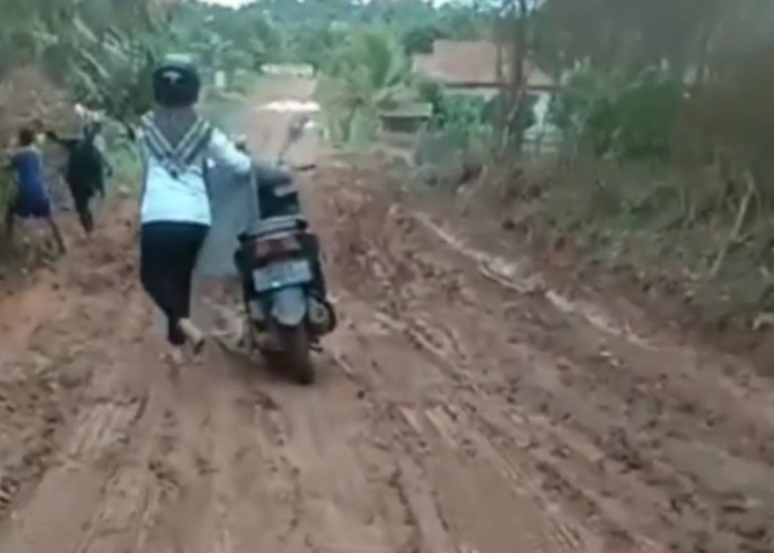 Akses Jalan Desa Lebung Banyuasin Rusak Parah, Pengendara Motor Terpaksa Lakukan Hal Ini