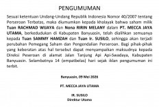 Perubahan Pemegang Saham dan Pengendalian PT. Mecca Jaya Utama